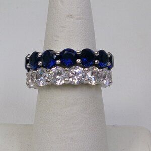 2 Joan Boyce Silver Stack Rings Blue & CZ Round Stones - Size 7